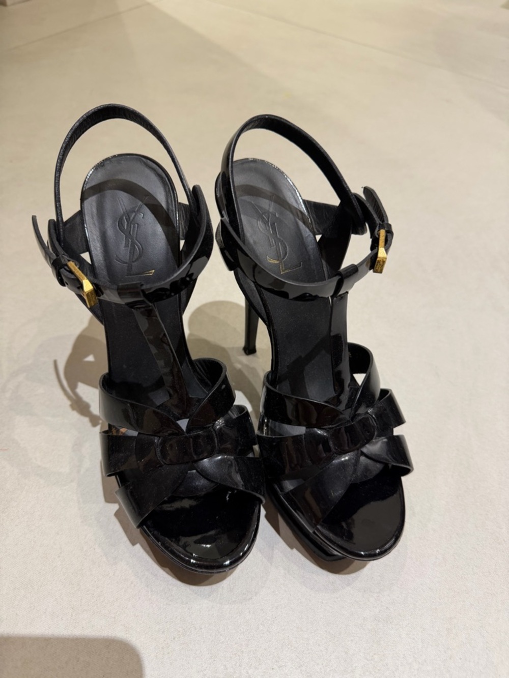 YSL Tribute sandals 38 Black Patent Leather Bow T-Strap Platform Sandals